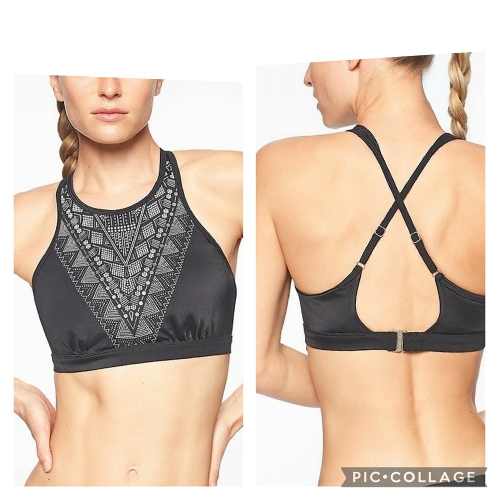 Athleta Ibiza Size 34B Geo Bra Cup Bikini Swim Top Black & White Cross Back
